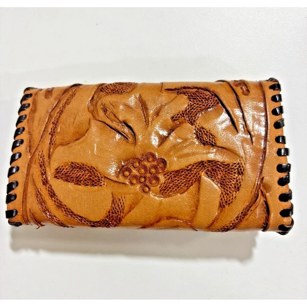 Vintage Hand Tooled Leather Key Holder Case 6 Hook Floral Western Brown Wallet